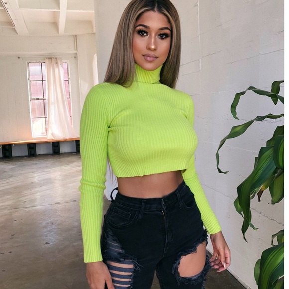 neon green cropped turtleneck